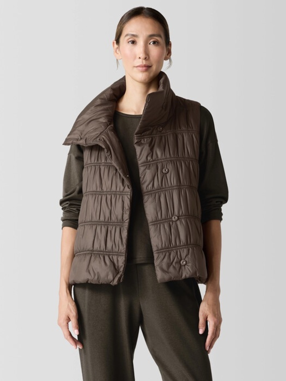 Eileen Fisher Eggshell Recycled Nylon Stand Collar Puffer Vest Size 1X